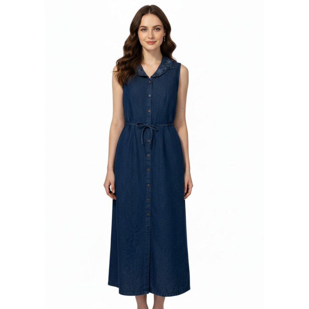 April Cornell Navy Blue Sleeveless Button-Front Midi Dress